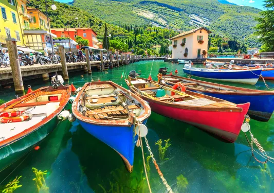 Multiple colorful boats tied to a dock by the ocean