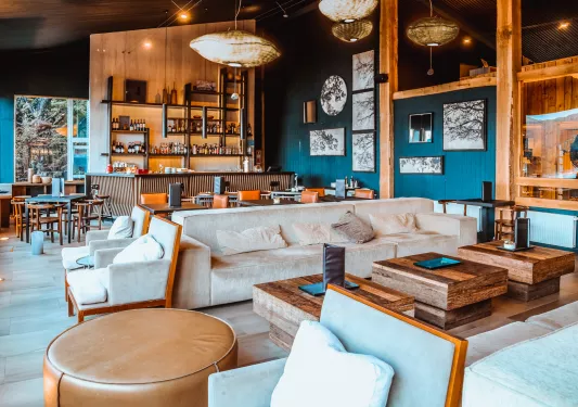 Lounge with cushioned couches and a bar in the background