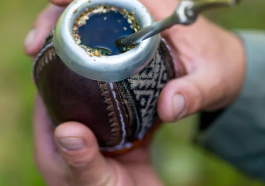 Traditional mate drink, in a small cup with a metal straw sticking out