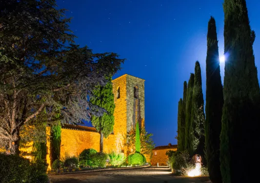 Nighttime view of stone building and trees illuminated by lights