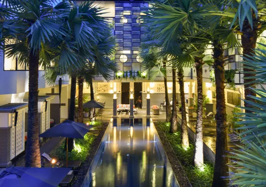 pool surrounded by palm trees at night 
