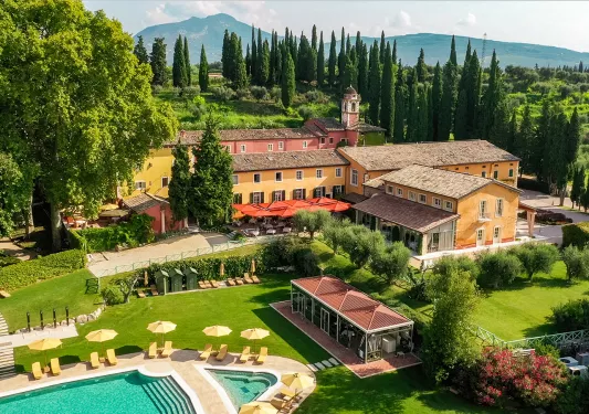 Top view of hotel with an outdoor pool