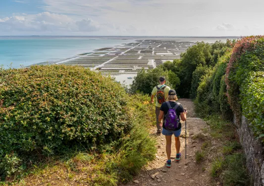 Man and woman descending down a dirt trail towards the ocean