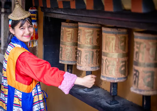 Woman in a traditional dress, walking through a temple