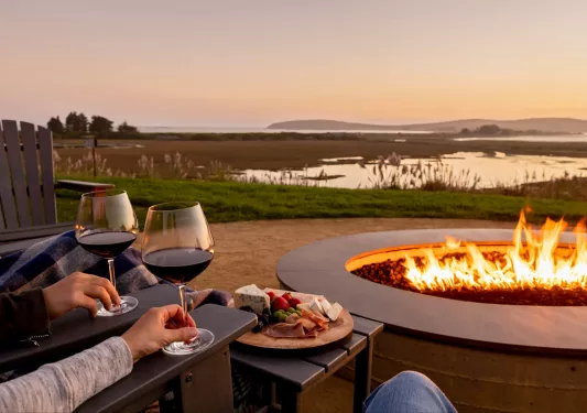 Outdoor fire pit with two glasses of wine and a charcuterie board 