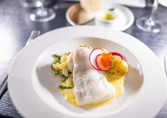Plate of food with prepared fish and vegetables