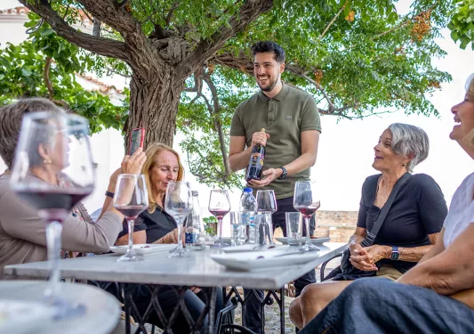 One man holding a wine bottle around four women siting down