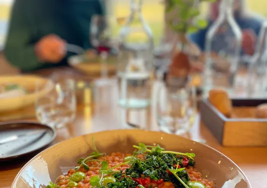 A bowl of grains topped with vegetables