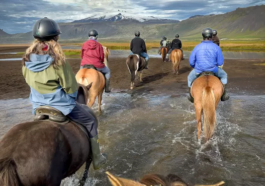 People riding horses in a shallow river
