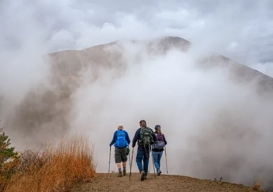the back of three hikers approaching a foggy mountain