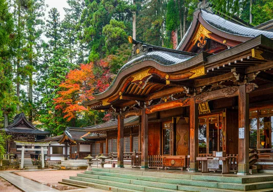 Wide shot view of a shrine and temple 