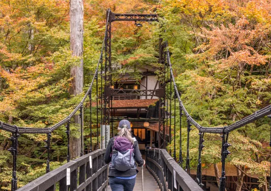 Woman with hiking poles crossing a bridge