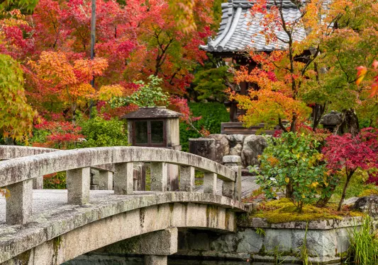 Concrete bridge leading towards a Japanese shrine