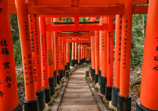 Red Japanese pillars along a long walkway