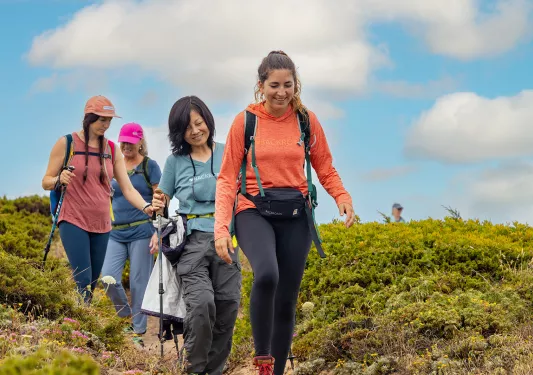 Group of four women descending a dirt trail, surrounded by bushes