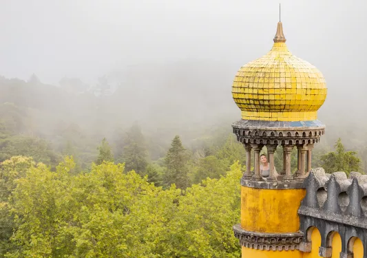 Woman in a castle-like balcony, looking out to a fog-covered forest