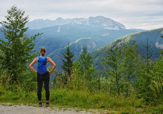 A hiker looks over a view of blue mountains and green trees