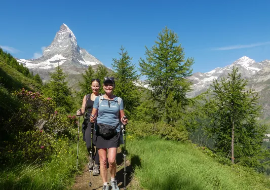 Two women with walking poles hiking on a grassy trail
