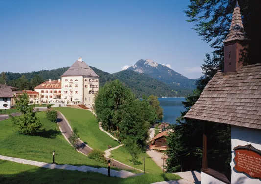 Slopping hill with hotel on top