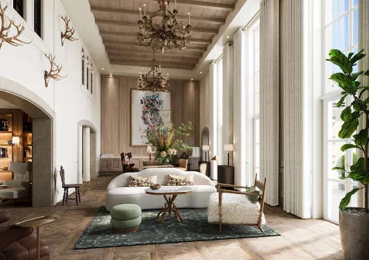 Decorated hotel lobby with large white couch