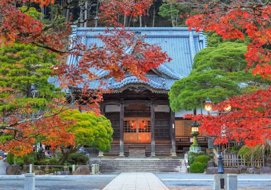 Japanese-style building surrounded by red and green trees