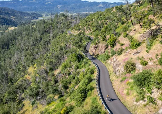 Person biking on an empty road on top of a hill