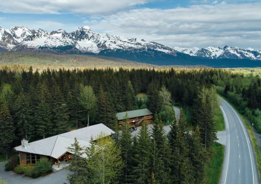 Large forest with a hotel building an a road to the right, with snow-capped mountains in the background
