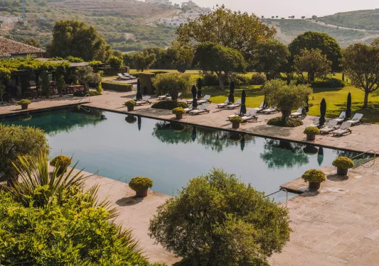 Large, outdoor pool surrounded by trimmed bussed and trees