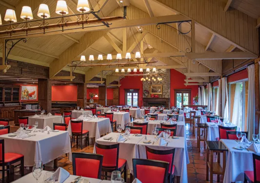 Restaurant dining hall with red chairs and white tables