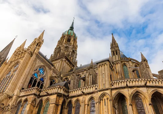 Rustic, cathedral building with stained glass windows