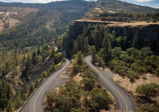 Large hairpin road in the middle of a large valley with tall trees and cliffs