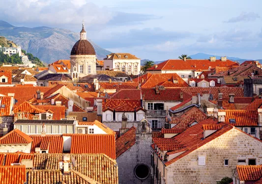 Town center with white stone and red buildings