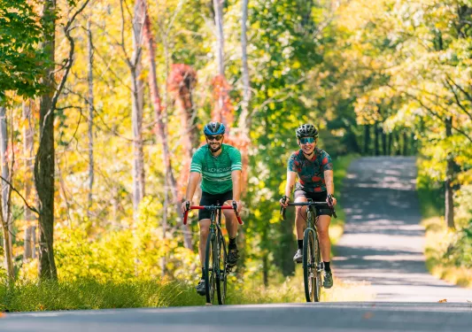 Man and woman riding bikes on an empty road, with tall trees surrounding the road