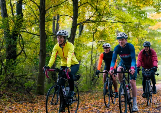 One woman and 3 men riding bikes on a road full of trees and leaves