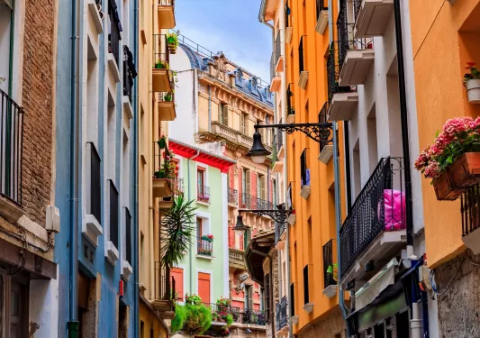 Town with vibrantly colored apartments and buildings