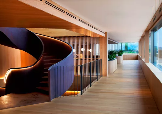 Long hallways with wooden flooring and a dark blue staircase to the left