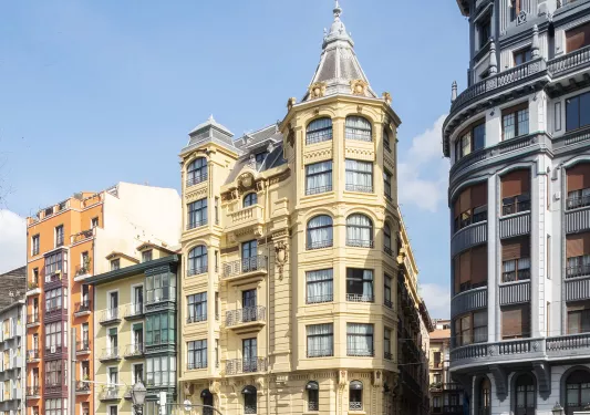Exterior view of European-style buildings with the blue sky
