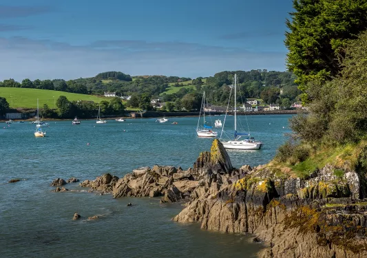 Multiple boats floating in a large lake, with large trees in the distance