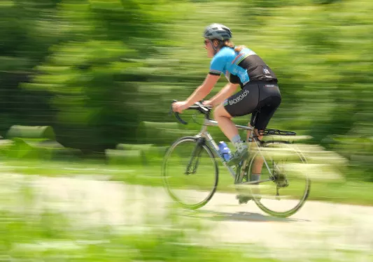 Man riding a bike through a road and large trees in the background