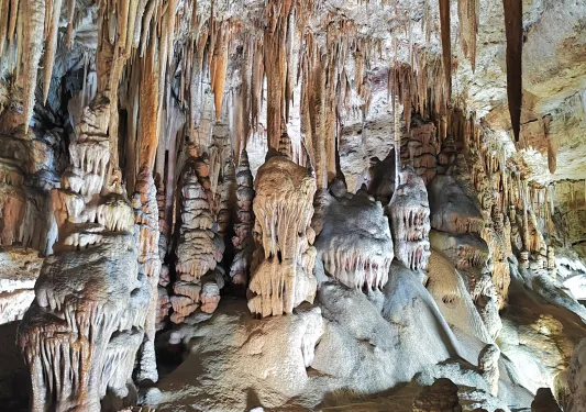Inside view of a cave with large rocks