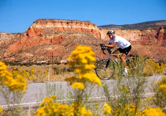 Man riding a bike on a road with orange canyons in the background