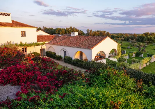 Exterior view of white and brown building with a garden in the center