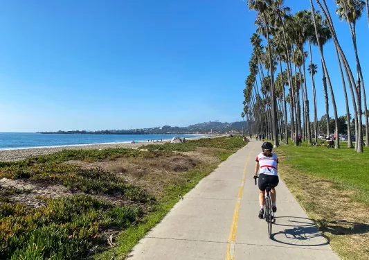 Woman riding bike on a road with palm trees on the right and ocean on the left