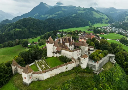 Castle-like building in a large valley, with a forest in the background