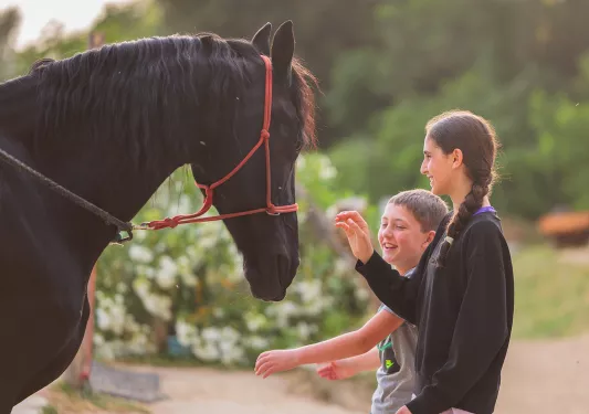 Little boy and older girl smiling while petting a black horse