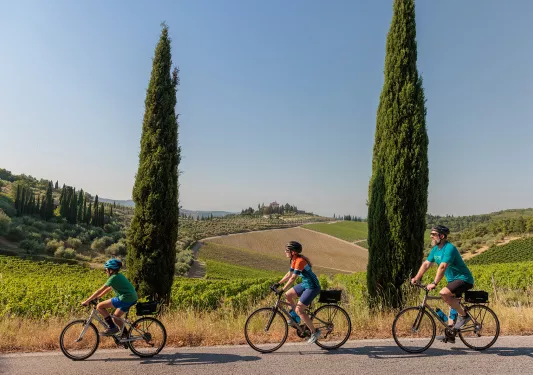 Parents and son riding bikes on an empty road with a large valley in the background