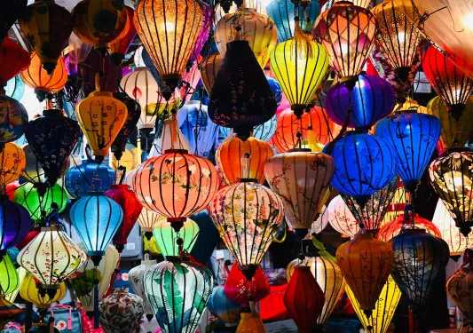Asian-style lanterns hanging from the ceiling