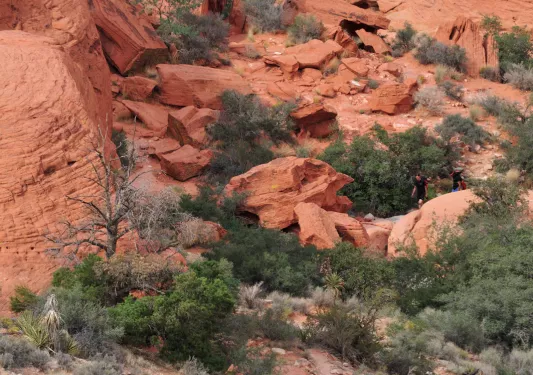 Group of people hiking a dirt trail, with red canyons in front
