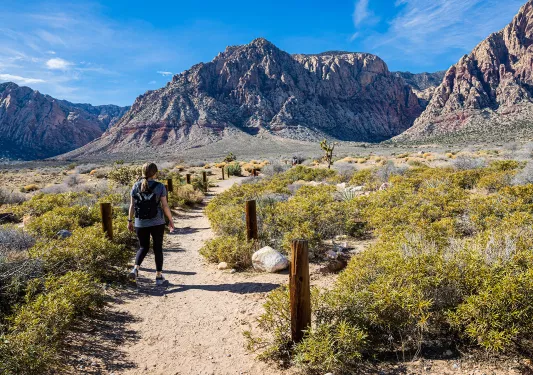 Woman walking on a dirt trail with large mountains in the distance