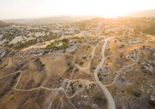 Sky view of hike trails on a dried hill